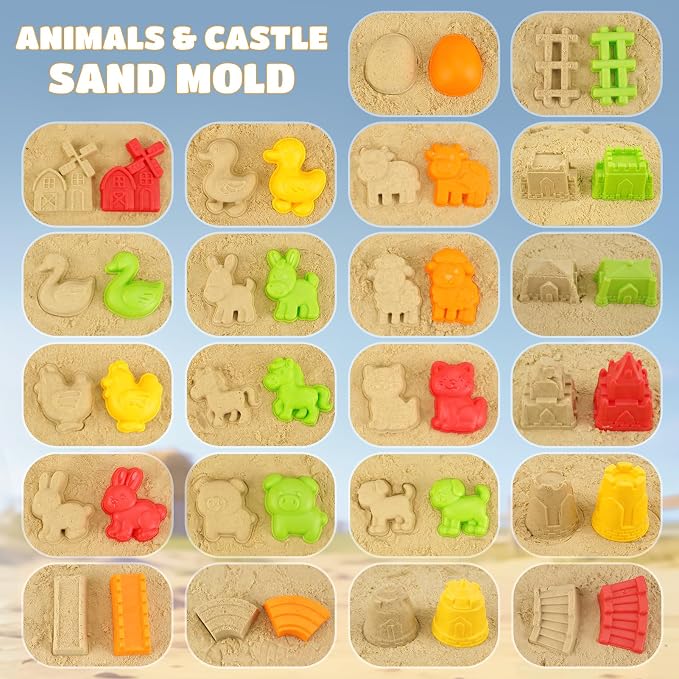 Dreamon 29PCS Beach Toys for Kids – Collapsible Beach Buckets, Shovels, Rakes & Animal Sand Molds with Mesh Bag – Farm Travel Sand Toys Sandbox Toys for Kids Ages 4-8