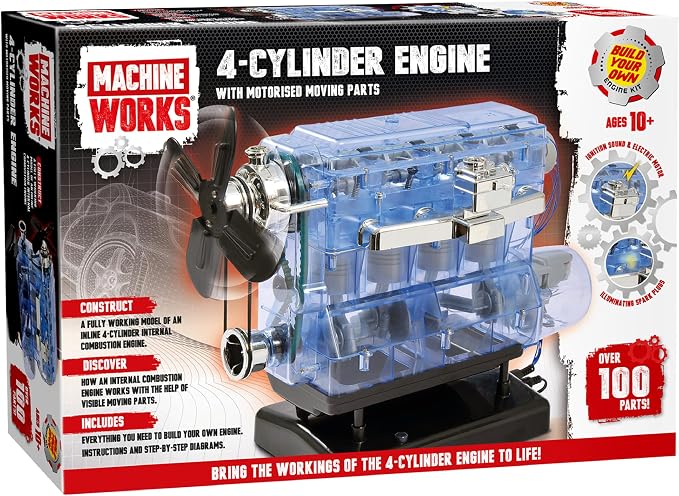 Machine Works Build Your Own Visible Model Engine Toys - Replica Model Building Kit 100+ Pieces- Features Working Sounds and Illuminiation, Internal Combustion Mechanics, Physics, STEM (4-Cylinder)