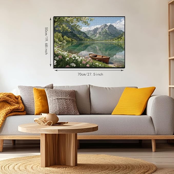 Puzzles for Adults 1000 Pieces, Serene Spring Mountain Lake | Wooden Boat Landscape Jigsaw Puzzle, Summer Beautiful Nature Scenery Wall Decor & Gift for Friends, 27.56x19.7 Inch
