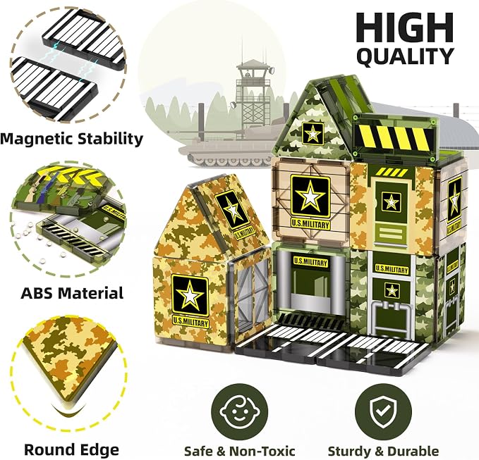 GobiDex Magnetic Tiles Army Toys, Military Magnetic Building Blocks for Kids 3-5 4-8 Girls Boys Toys Age 4-6 6-8, STEM Sensory Army Men Toddler Birthday Gifts for 3+ Year Old Kids Toy
