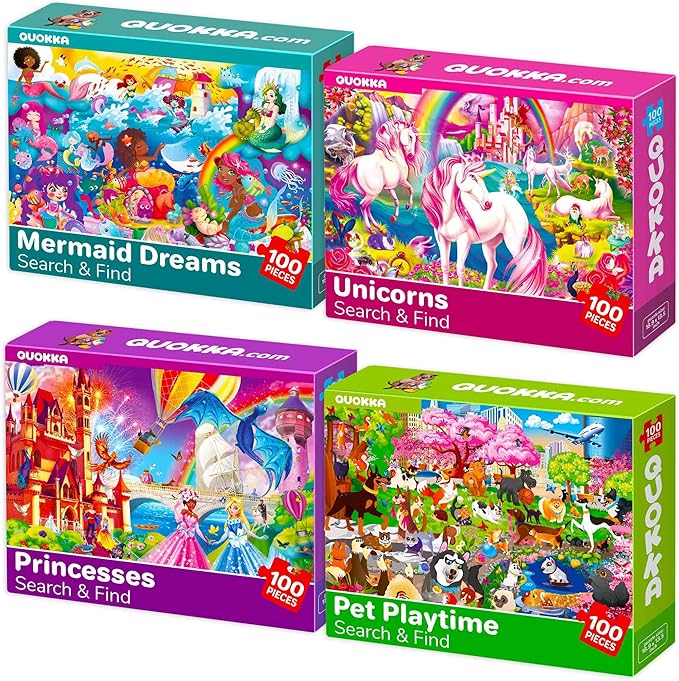 QUOKKA 100 Piece Puzzles for Kids Ages 4-6 – 4 Jigsaw Puzzles for Kids Ages 6-8 – Search and Find Unicorn Princess Mermaid Toys for Children 8-10 Year Old – Educational Game Gift for Boys and Girls