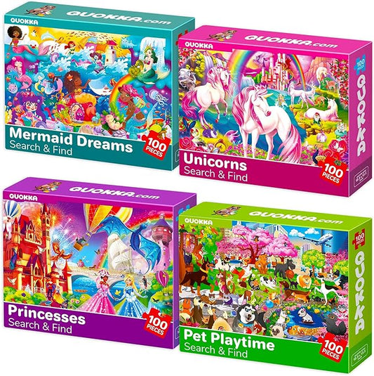 QUOKKA 100 Piece Puzzles for Kids Ages 4-6 – 4 Jigsaw Puzzles for Kids Ages 6-8 – Search and Find Unicorn Princess Mermaid Toys for Children 8-10 Year Old – Educational Game Gift for Boys and Girls