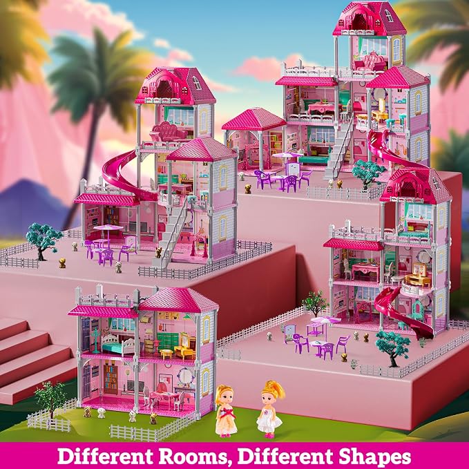 JUKUDAHU Villa Playset for Girls Ages 3-7, 3-Story 8 Room House with 2 Dolls, Furniture and Accessories, Indoor Playset Girls Toys for Ages 6-8, Pretend Toddler Toy, Birthday Gifts for Kids 4-8