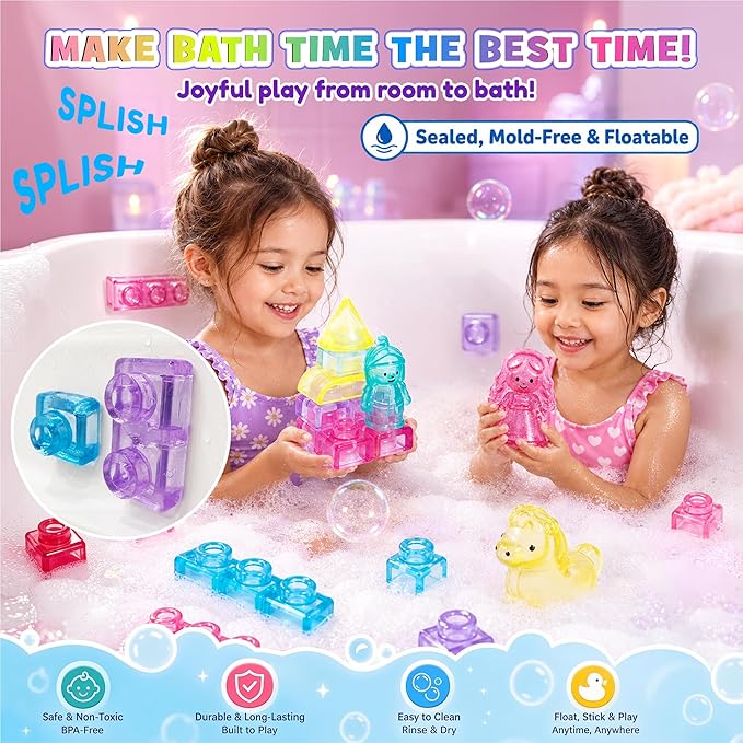 Gummy Bloc Princess Castle Building Blocks for Toddlers, 54 PCS Soft Sensory Squishy Blocks, Non-Toxic Montessori Stacking Toys for Fine Motor Skills, STEM Preschool Educational Gift for Girls