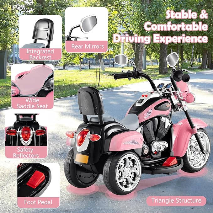 Costzon Kids Motorcycle, 6V Battery Powered Ride on Chopper Motorcycle w/Horn, Headlight, 3-Wheel Stable Ride on Toys, Electric Toddler Motorcycle for Kids, Gift for Boys Girls (Laser Pink)