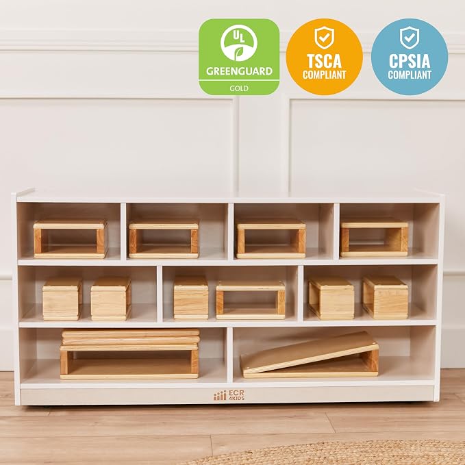 ECR4Kids Mobile Building Block Storage Cabinet, Large, Classroom Furniture, White Wash