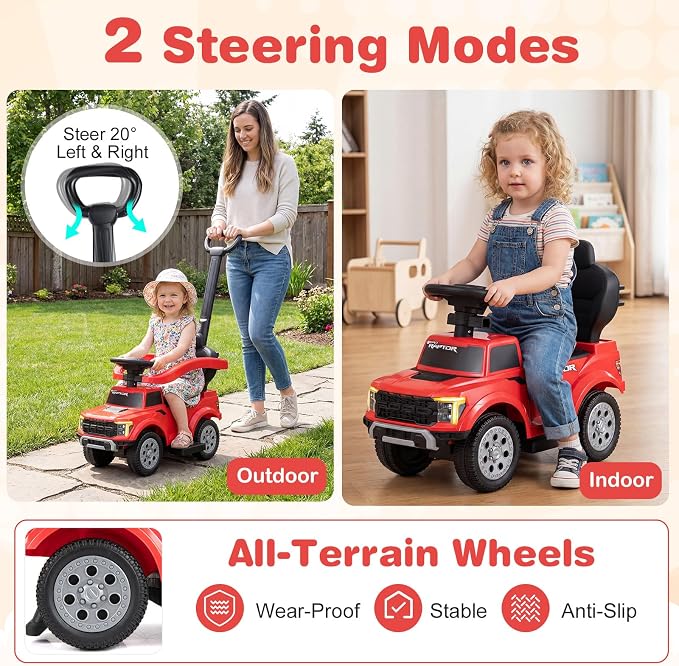 Costzon Ride On Push Car for Toddlers, 3-in-1 Ford Licensed Sliding Car w/Handle, Guardrail, Horn, Engine Sound, LED Lights, Under Seat Storage, Foot-to-Floor Kids Ride On Toys for Boys Girls (Red)
