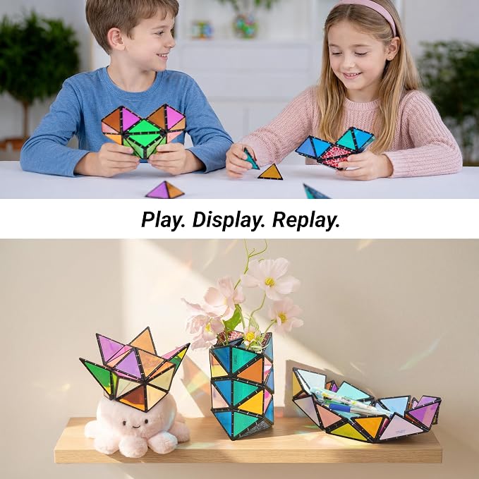 TOSY Magnet Pyramid Glow - 1 Cube Transforms into 1 Billion Shapes (Bunny, Egg, Flowers, Hearts), Easter Basket Stuffers Gift, 12 pcs, 243 Magnets, Glowing, Holographic Design, Puzzle/STEM Toy