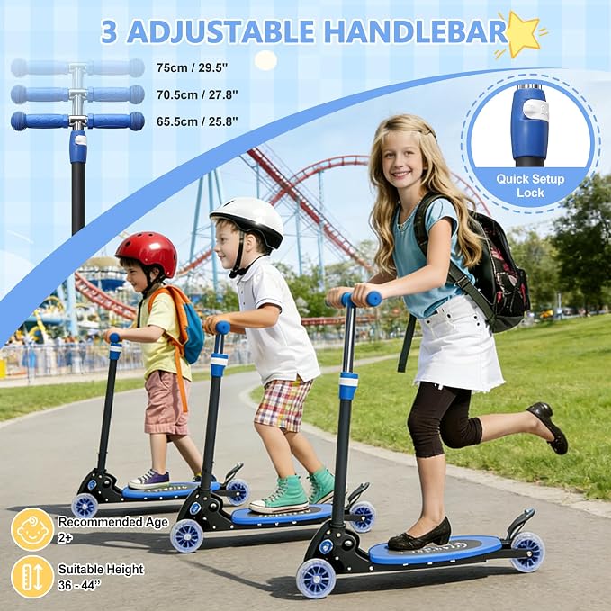 3 Wheel Scooters for Kids 2-5 5-7 Years, 4 Adjustable Heights Foldable Metal Toddler Scooter for Boys Girls Up to 120 lbs, Lean-to-Steer, Dual Rear Brake Widen Anti-Slip Deck