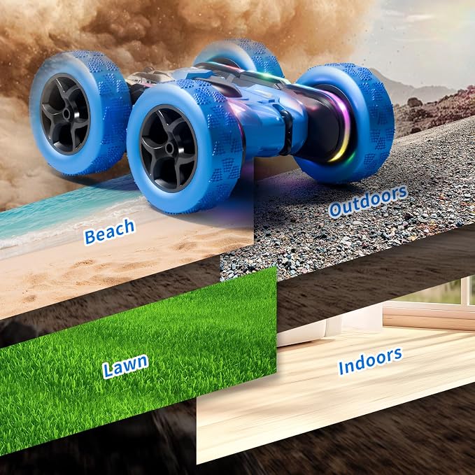 Remote Control Stunt Car 4WD 360° Flip Double‑Sided RC Cars, LED Light Bar, USB‑C Modular Battery, 2.4 GHz Outdoor Beach Toy for Boys 6‑12 Years Old, Birthday & Christmas Kids Gift, Blue