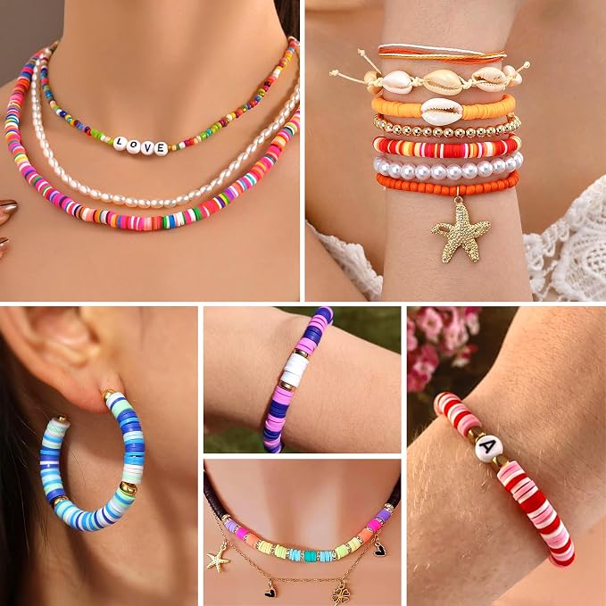 Redtwo 6200 Clay Beads Bracelet Making Kit, 24 Colors Flat Preppy Beads for Friendship Bracelets, Polymer Clay Bead with Charms for Jewelry Making, Crafts Gifts for Girls Ages 6-12