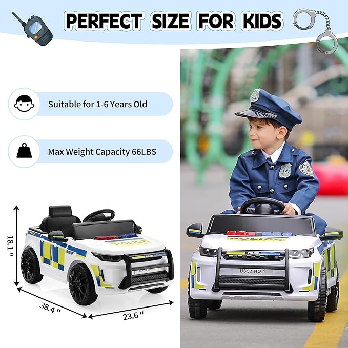 TOBBI Kids Electric Ride On Police Car, Toddlers Battery-Powered Cop Toy to Drive, 27W 4-Wheels Vehicle with Parental Remote Control/Soft Start/3 Speeds/Horn & LED for Children Ages 1-6 Years-White