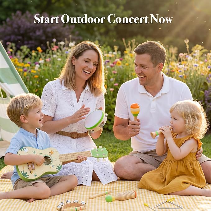 Toddler Guitar Set, 7-in-1 Wooden Baby Musical Instruments Band Includes 17" Ukulele, Maracas, Drum, Trumpet & More - Perfect Toy for Kids Ages 1-5, Ideal Gift for First Birthday Christmas