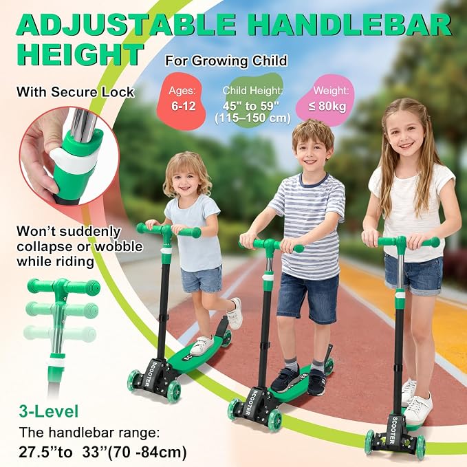 Scooter for Kids 3-5 5-7,Light up 3 Wheels Kick Scooter,Heavy Duty Folding Lean-to-Steer Scooters with 3 Adjustable Handlebar for Boys Girls,Widen Anti-Slip Deck,Rear Break,Holds up to 150Lbs