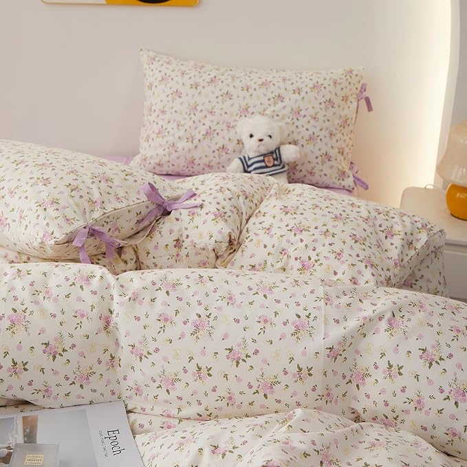LifeTB Floral Cottagecore Comforter Set King, 3 Pieces Vintage Flowers Comforter Coquette Aesthetic Bedding Set for Girls Teen Women, Soft Lightweight Botanical Comforter with 2 Bow Ties Pillowcases