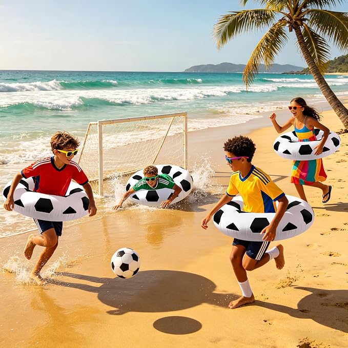 4 Pcs Soccer Ball Pattern Pool Floats - 28 Inch Sports-Themed Kids Swim Rings (Ages 10-15), Inflatable Pool Toys for Hawaiian, Beach, Water Park