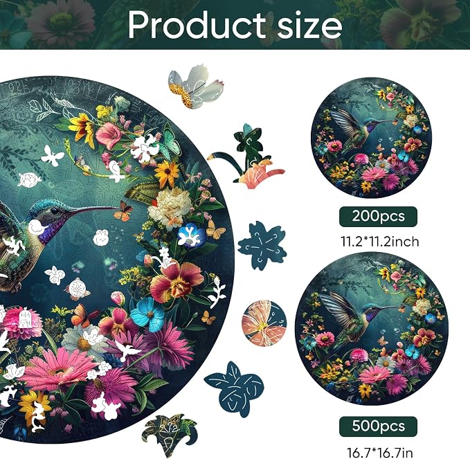Mys Aurora Wooden Puzzles for Adults, Hummingbird Jigsaw Puzzles 200 Pieces, Unique Shaped Round Flower Puzzles for Adults and Kids, Family Game 11.2 x 11.2 Inch Medium Size