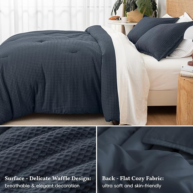 David's Home Waffle Weave Comforter Set 3PCS Queen Size, Soft Breathable Lightweight Cozy Skin-Friendly Warm for All Season, Elegant Aesthetic Home Decor Bedding Set with Pillow Shams, Indigo