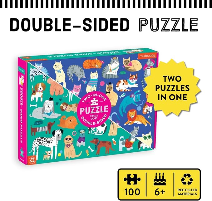 Mudpuppy Cats and Dogs Double-Sided Puzzle, 100 Pieces, 22”x16.5” – Perfect Family Puzzle for Ages 6+ - Colorful Illustrations of Dogs on One Side and Cats on the Other – Two Fun Puzzles in One Box