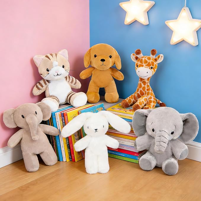 6 Pcs Stuffed Animals Bulk, 11 Inch Small Stuffed Safari Animals, Zoo Stuffed Animals Set (Cat Dog Elephants Giraffe Bunny) Baby Shower Party Decor, Easter Gift for Classroom Kids, Teens, Girls