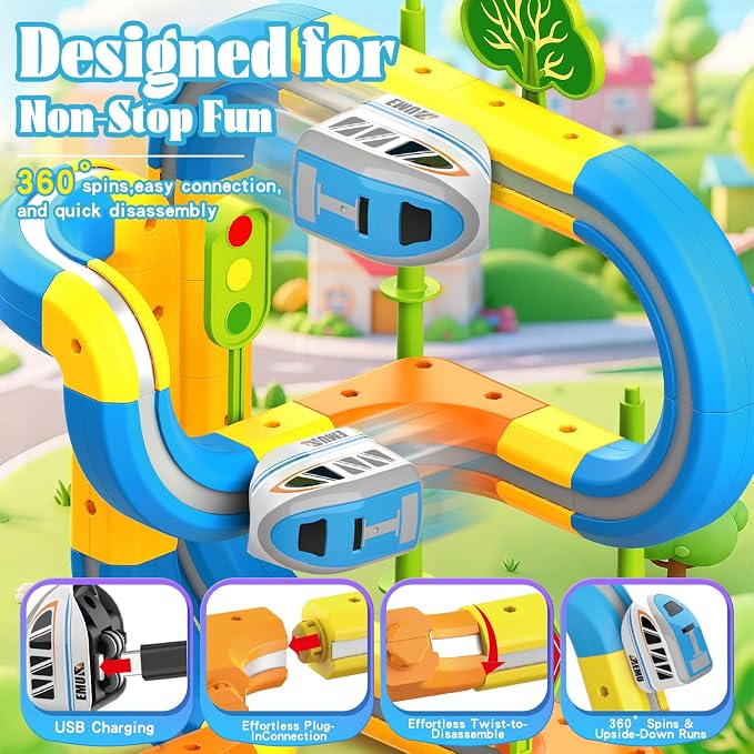 VEAIS Electric Train Set for Kids, 57Pcs 3D Flexible Race Track Sets, Gravity-Defying Motorized Car for Toddlers, Montessori STEM Train Tracks Toys,Birthday Gifts for Kids Boys Girls Age 3 4 5 6 7 8+