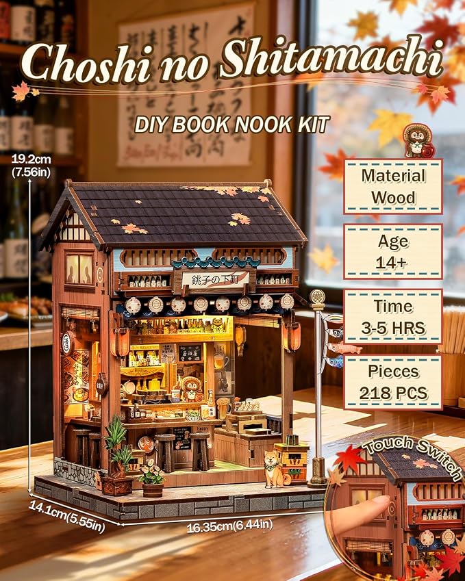 Book Nook Kit - DIY Miniature House Kit, 3D Puzzle Wooden Dollhouse with LED, Sakura Wine Alley, Tiny House Bookend, Bookshelf Decor, Crafts Gifts for Adults, Teens & Book Lovers