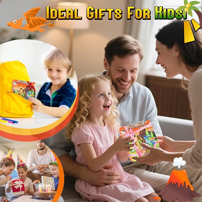 48pcs Mini Magnetic Tiles, Dinosaurs World Building Blocks Set in Iron Case, Portable STEM Travel Toys for Toddlers, Creative Dino World Construction Magnetic Toys for Kids