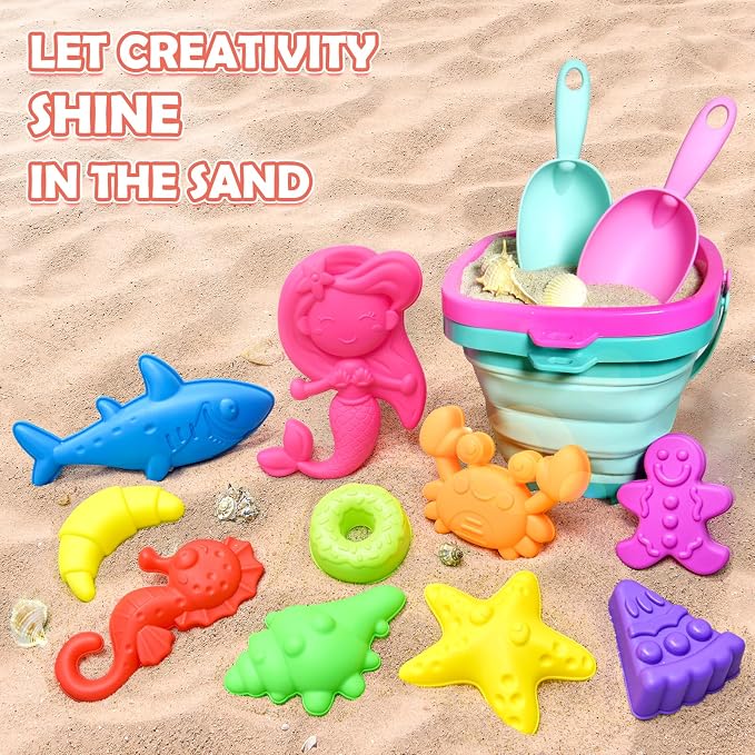 Collapsible Beach Sand Toys for Kids - Travel Beach Toys with 2 Collapsible Beach Buckets, Mesh Bags, Animal Sand Molds, Sand Bucket Shovel Set Sandbox Toy for Toddlers Kids