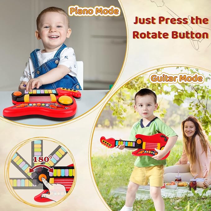 Kids Guitar 2 in 1 Musical Instruments for Kid - Fun Piano Toddler Toy & Electric Guitars | Explore Creativity | Unleash Child’s Talent, The Best Music Toys for Boys & Girls! (Red)