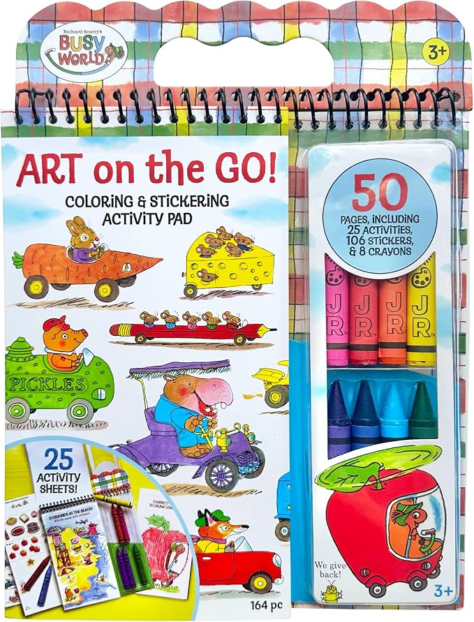 Bright Stripes Richard Scary Busy World Art on the Go Travel Coloring Kit for Kids Ages 3+ | Coloring & Sticker Activity Set with Crayons | Screen-Free Creative Fun for Toddlers & Young Children