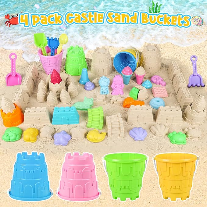 KUBUSFLY Beach Toys for Toddlers, Sand Castle Toys with 4 Beach Bucket and Shovels, Ice Cream Travel Sand Toys for Sandbox & Mesh Bag, Essentials Toy for Toddlers Kids Baby Boys Girls Age 3-10