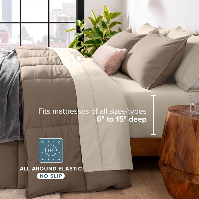 Bare Home Bed-in-A-Bag 7 Piece Comforter & Sheet Set - Queen - Goose Down Alternative - Ultra-Soft 1800 Premium - Bedding Set (Queen, Taupe/Sand)