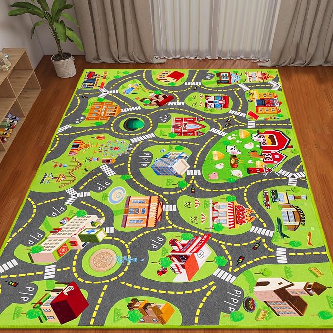 Kids Car Rug Play Mat, Non Slip City Road Carpet for Kids Toy Cars, Car Track Rug Play Mats for Floor, Educational Vehicle Rugs for Playroom Bedroom Kids Room, Machine Washable (78.7"X47.3", A)