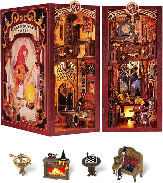 Fsolis Book Nook Kit, 3D Wooden Puzzle for Adults | Bookshelf Miniature Room House Kit DIY Gifts for Women Book Lovers (Flam Common Room)