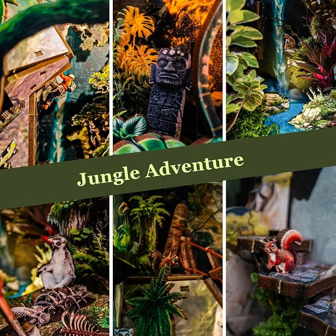 fifijoy Jungle Adventure Book Nook Kit - DIY Miniature Dollhouse Booknook for Adults, 3D Wooden Puzzle Bookend Bookshelf Decor with LED Light and Sound Effects, Creative Gift for Family, Friends