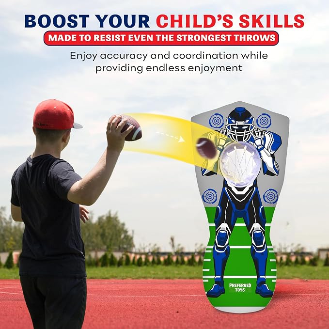 Preferred Toys 65” Inflatable Football Target Net Toss Game - Double-Sided Throwing Practice Football Stuff with Mini Balls - Backyard Tailgate Party Sports Toy for Kids & Adults