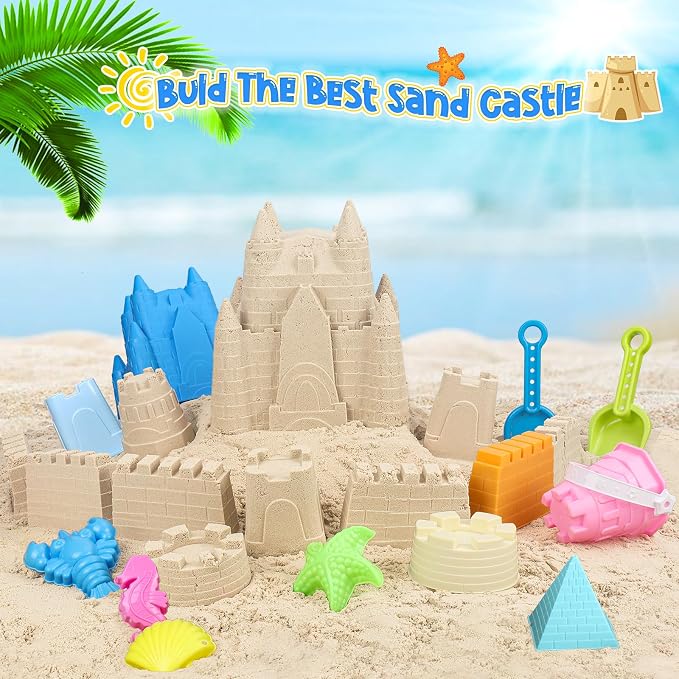 FUSPWEAO Beach Sand Toys, Sand Castle Toys with Castle Bucket, Creative Molds, Shovel and Rake, Sandbox Play Set for Kids Ages 3-12, Outdoor Summer Beach Essentials for Building & Playing