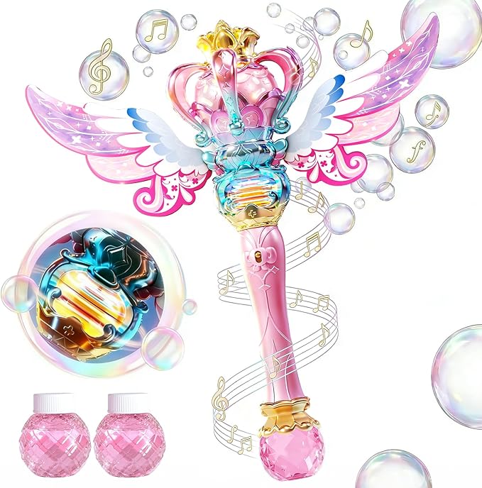 Uregoio Princess Bubble Wand for Girls - Rechargeable Spinning Light Up Magic Fairy Scepter Bubble Machine Toy with 12 Bubble Refills & Music, Birthday Gift for Kids Toddlers Age 3-8 (Pink)