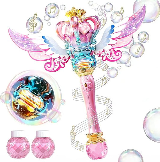 Uregoio Princess Bubble Wand for Girls - Rechargeable Spinning Light Up Magic Fairy Scepter Bubble Machine Toy with 12 Bubble Refills & Music, Birthday Gift for Kids Toddlers Age 3-8 (Pink)