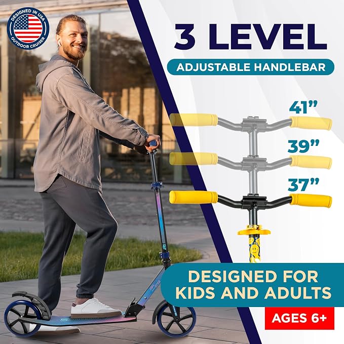 Outdoor Cruiser Kick Scooter for Ages 6+, for Kids, Teens, and Adults, Max Load 250 LBS, Foldable, 8-inch Big Wheels, Dual Suspension, 3 Adjustable Levels, Child Safety Approved, Yellow