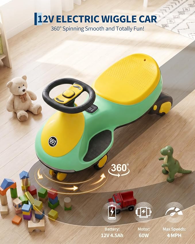 Garvee 12V Electric Wiggle Car for Kids, 2 in 1 Swing Car with Pedal, Anti-Rollover, Max Load 130Lbs,Flashing Wheels, Music,Rechargeable Battery Ride on Toy Indoor Outdoor for Toddlers, Green