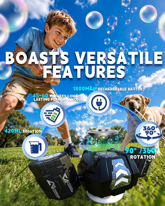 New RC Bubble Machine,RGB Light 360° Auto Rotation Rechargeable Bubble Makers High Capacity Bubble Blower for Kids Wedding Party Indoor Outdoor