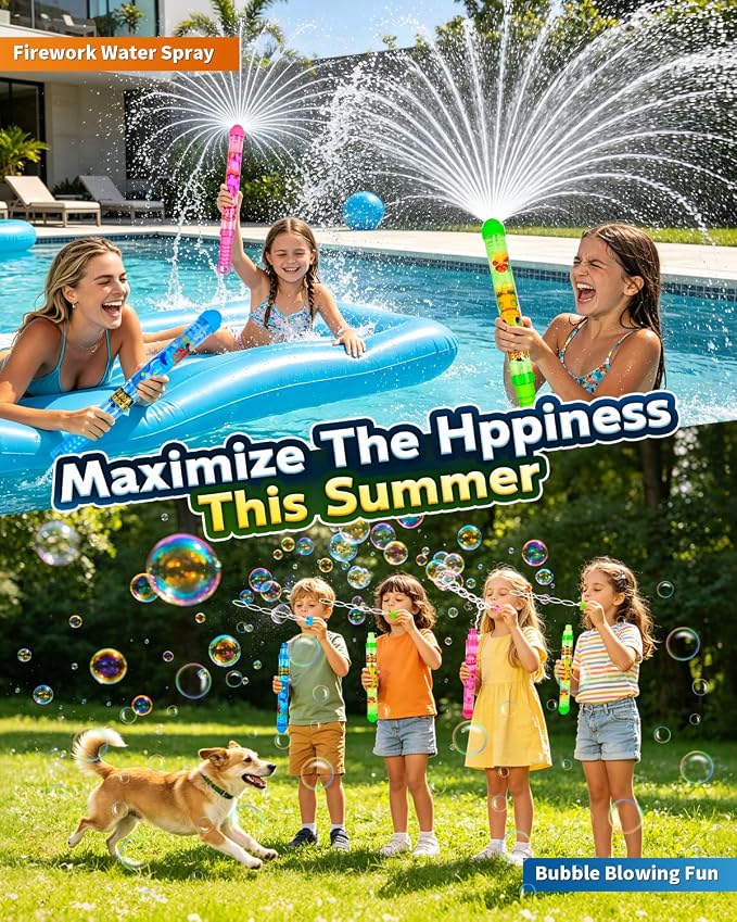 6Pack Fireworks Water Gun for Kids: 2-in-1 Water Blaster Bubble Wand Combination Toys for Kids| Water Shooters for Pool Toy Swimming Beach Outdoor Party Favors| Bubble Blower Bulk with Bubble Solution