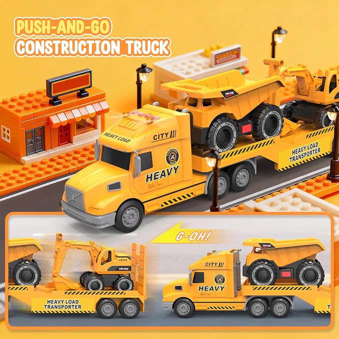 Toddler Toys for 3 4 5 6 Year Old Boys - 27" Large Semi Construction Carrier Truck Toy with Excavator and Dump Truck, 3-in-1 Friction Powered Transport Vehicle with Lights Sounds, Gifts for Boys