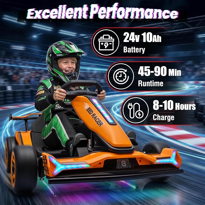 24V Electric Go Kart, Kids Drift Kart with Dual 400W Motors, Length Adjustable Seat, 8.2 MPH Max, 130LBS Max Load, Outdoor Ride on Toy Crazy Kart w/Bluetooth Music, Rainbow Light