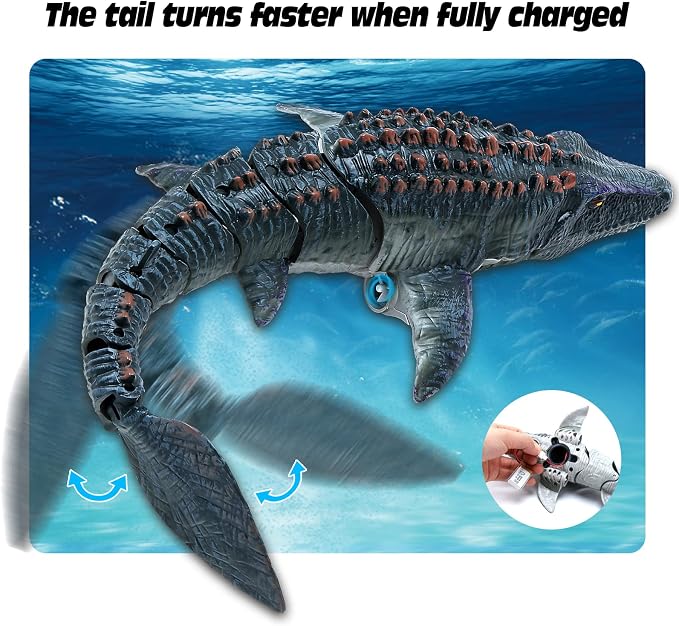 fromeasy Remote Control Dinosaur Toys for Kids 3 4 5 6 7, Mosasaurus Diving Toys RC Boat with Light and Spray Water for Swimming Pool Lake Bathroom Ocean Protector Bath Toys