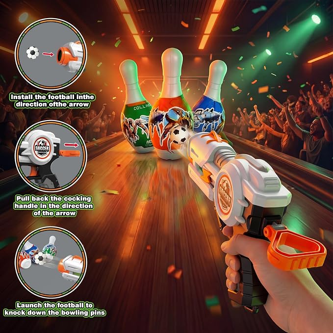Kids Shooting Game Toy Set - 2 Pack Soccer Game 2 Foam Ball Blaster Launchers with 48 Soccer Balls, 6 Bowling Pins with LCD Score Display - Sports Toys for Boys Girls Ages 3+Years