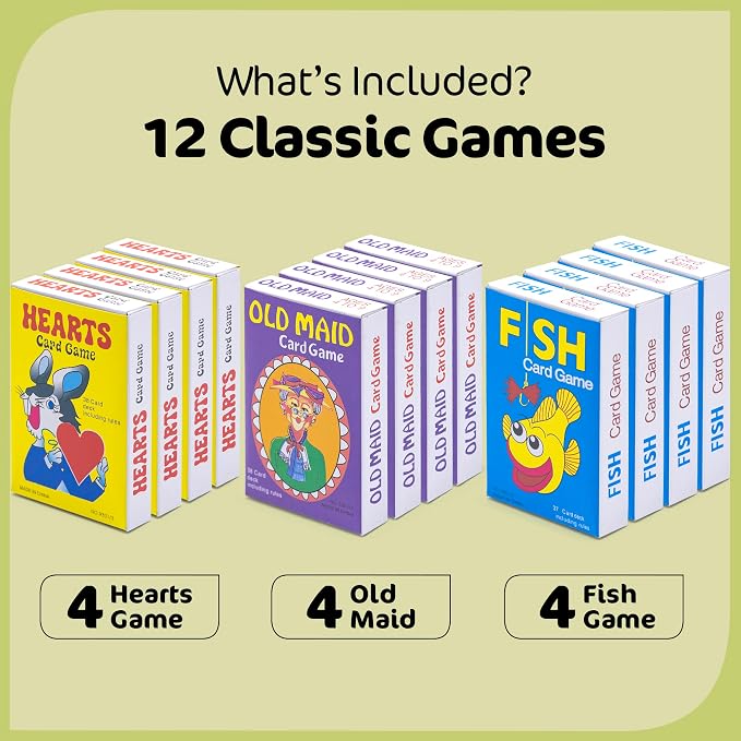 Kids Card Games Bulk – 12 Pack Classic Card Games for Kids Ages 4-9, Multi Pack Set Includes: Hearts, Go Fish, & Old Maid Playing Cards for Family Game Night, Party Favors & Classroom Prizes