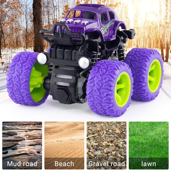 4 Pack Monster Trucks Toys for Boys 2 3 4 5 6 7 Year Old, Friction Powered Pull Back Car Toys for Toddlers Kids Ages 3-5 2-4 4-7, Best Birthday Christmas Party Gift for Boys and Toddlers
