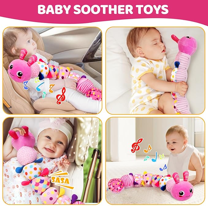 KMUYSL Baby Sensory Caterpillar Toys for 0-6 6-12 Months, Soft Plush Activity Toy with Crinkle, Rattle & Gentle Music, Tummy Time Toy for Infant Newborn, Early Development Toy Shower Gifts for Baby